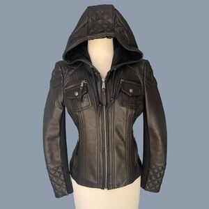 Michael Kors Black Leather Quilted Hooded Moto Jacket Sz S